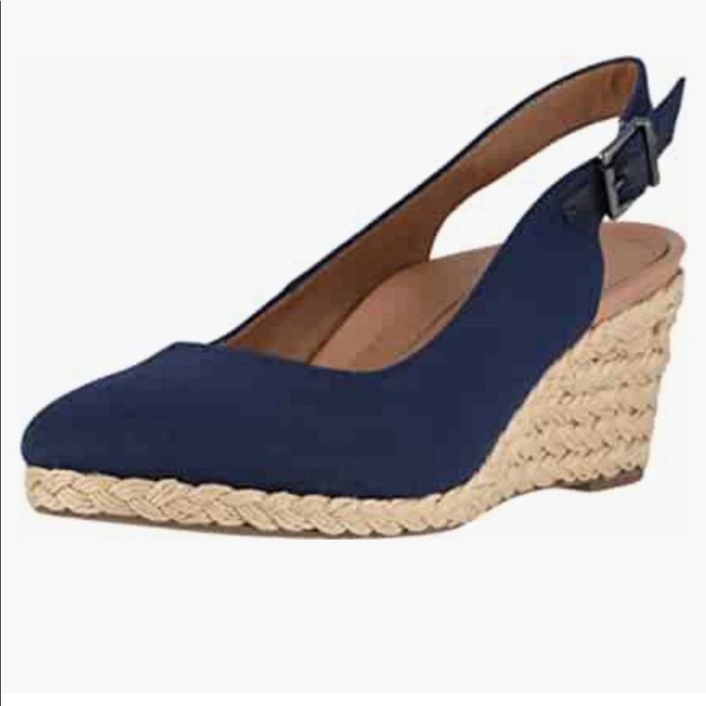 Vionic Coralina Navy Canvas Wedge Heels Wide Size 12